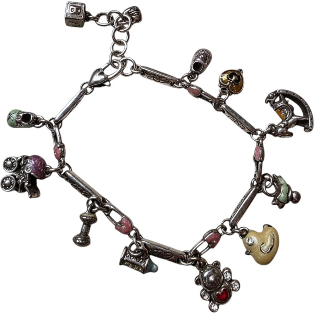Brighton Baby Charm Bracelet Silver Tone Enameled Rocking Horse Teddy Bear Duck